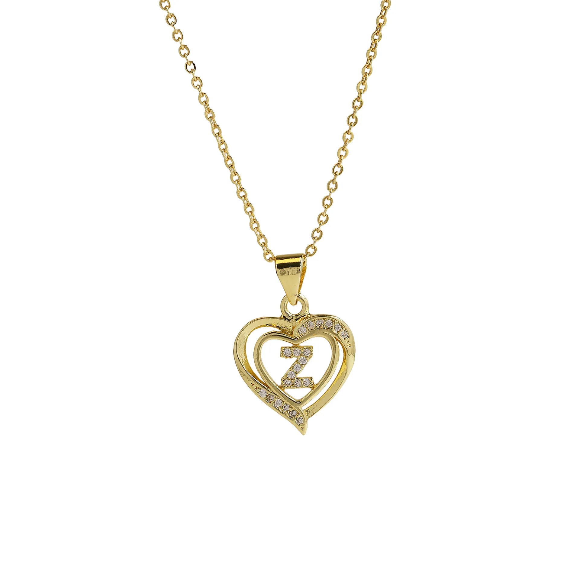 A-Z English Letter Initial Necklace Gold Color Plated Necklace Micro Setting Zircon Heart Necklace for Women