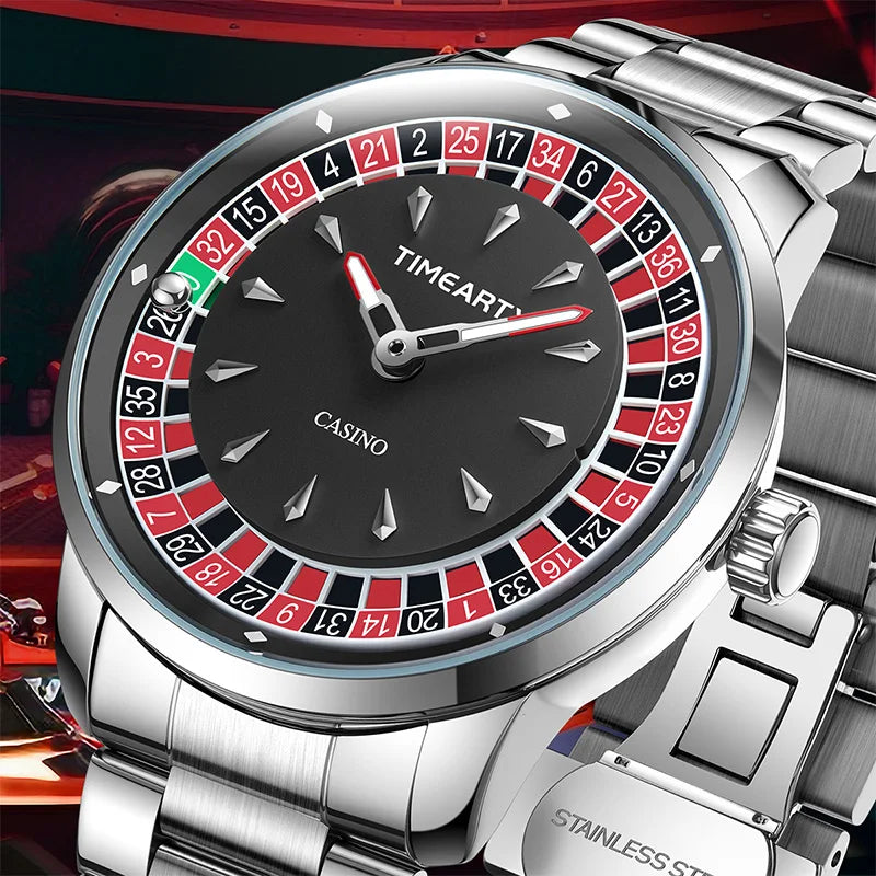 TIMEARTX Men's Watch New European Roulette Design Poker Game Fashion Quartz Movement Stainless Steel Wristwatch