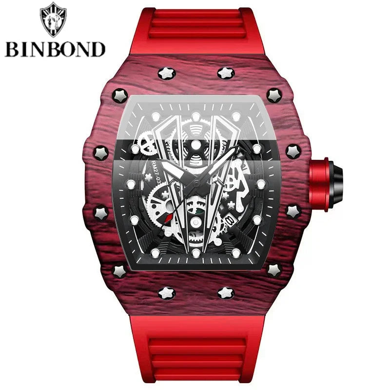 BINBOND Brand Men Watch Domineering Barrel Watch Curved Mirror Hollow Surface Sports Men Watch Silicone Quartz Wristwatch B8577