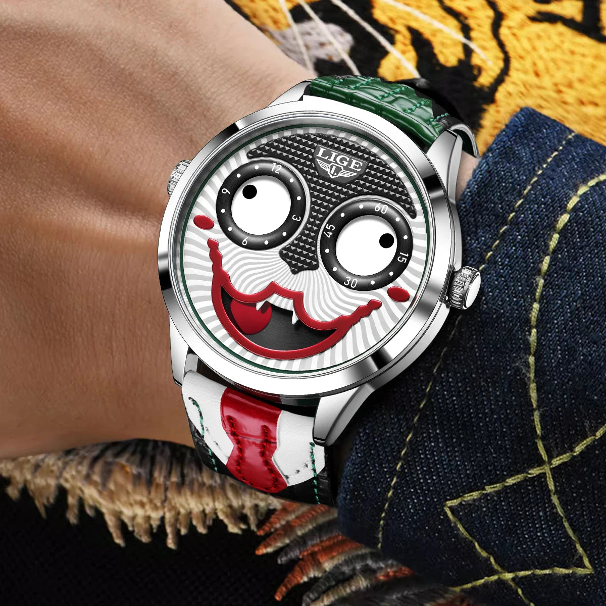 LIGE Cool Joker Watch Men Classic Men's Clown Watches Fashion Leather Strap Waterproof Quartz Wristwatches For Men Reloj Hombre