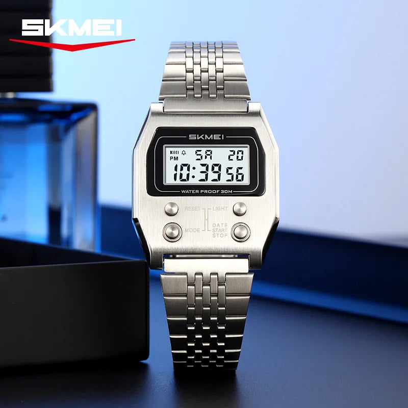 SKMEI 2460 Men's Sports Waterproof Digital Watch Stainless Steel Luxury Retro LED AlarmClock Men's Electronic Watch reloj hombre
