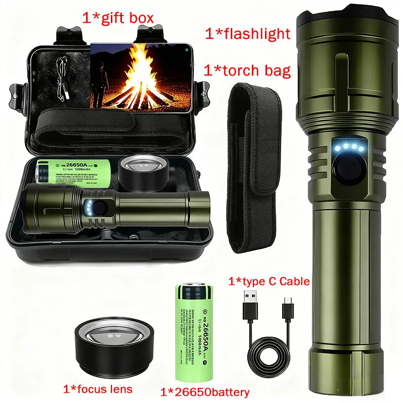 Flashlight Lighter & Power Bank Combo,Rechargeable,Zoomable Super Bright Beam,5 Modes Flashlight for Outdoor Camping Emergency