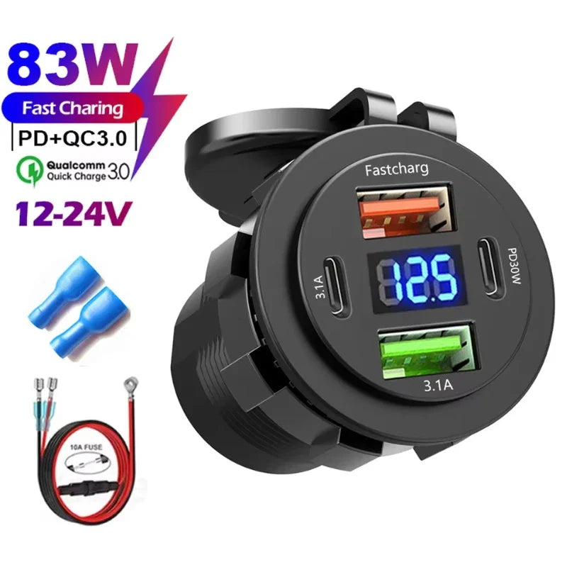 NEW 4 Ports Dual PD Dual QC 3.0 USB Car Charger with Voltmeter Socket Power Outlet Adapter Waterproof for 12V/24V Car Boat