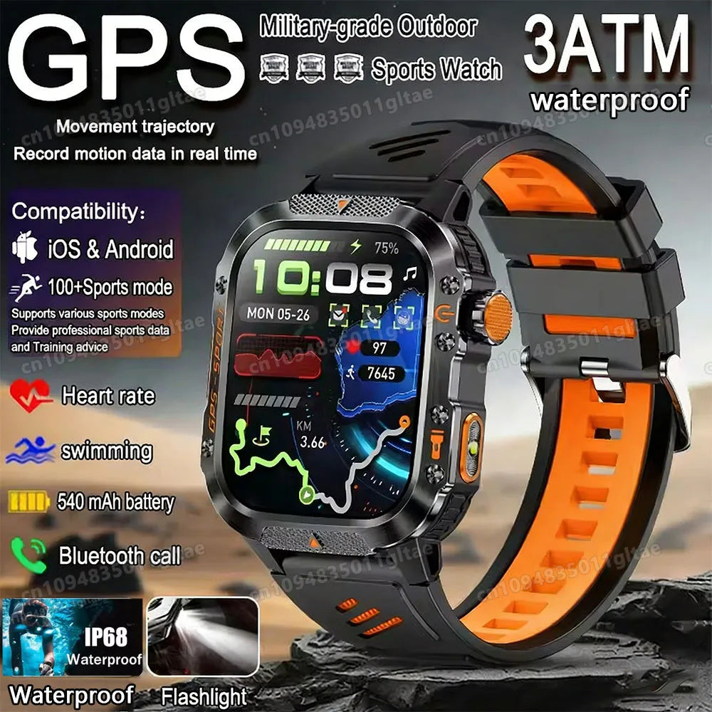 2026 New Military-grade Smart Watch Men GPS Flashlight 3ATM Waterproof Watch Bluetooth Call 100+Sport Outdoor Smartwatch Pk MA27