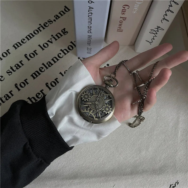 Antique Steampunk Bronze Hollow Gear Movement Quartz Pocket Watch Pendant Gift With Chain Boys Men
