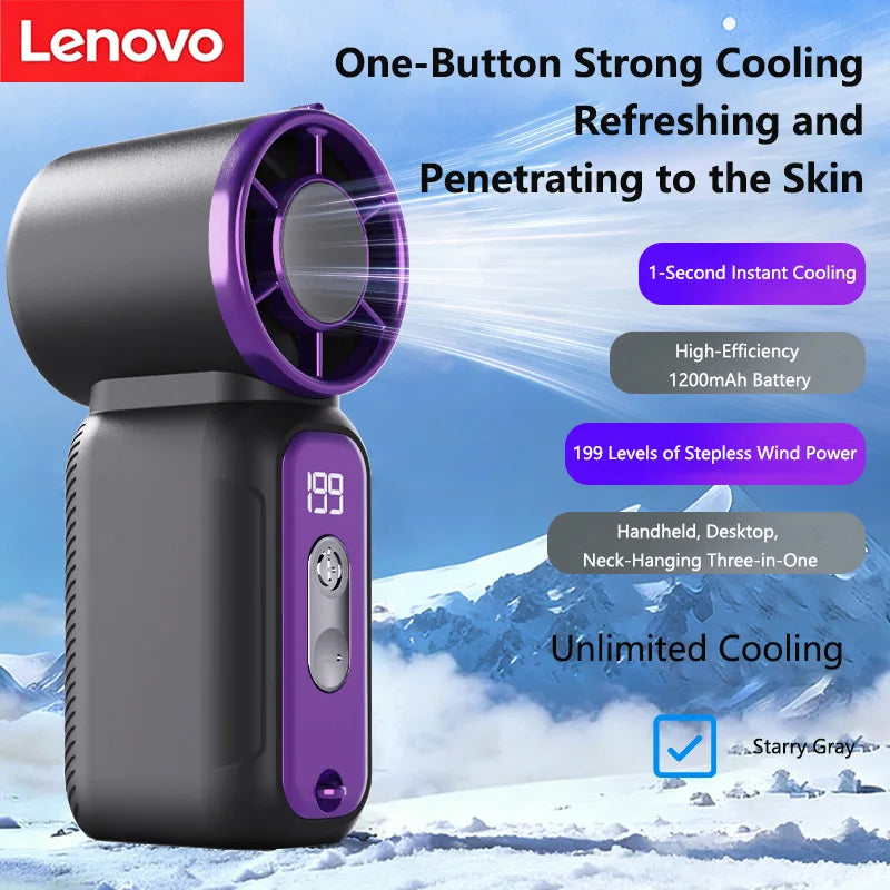 Lenovo Best Selling Summer Super Mini Rechargeable Handheld High Speed Fan Powerful Wind Ultra Quiet Digital Display Pocket Fan