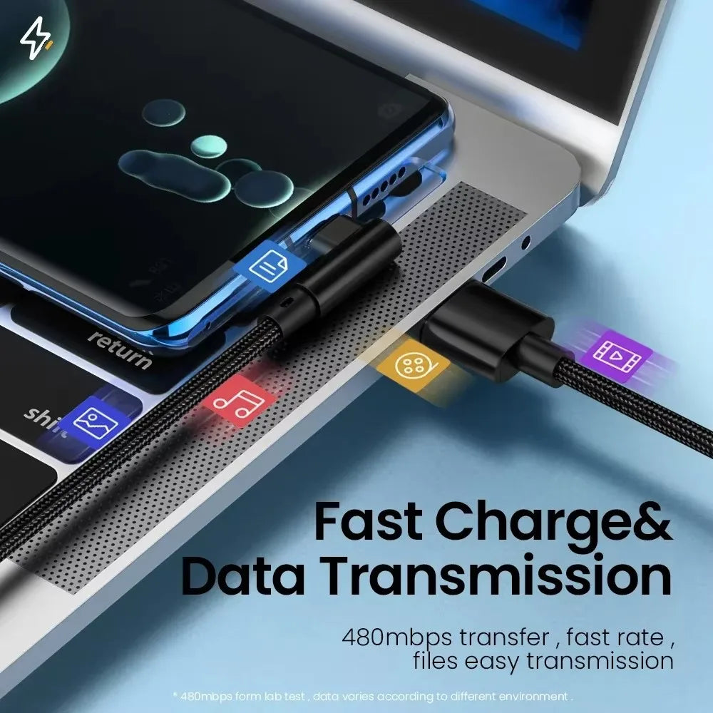66W 6A USB C 90° Right Angle Cable For Xiaomi Fast Charging Cord for Honor Huawei OnePlus Realme Angled Data Wire Nylon