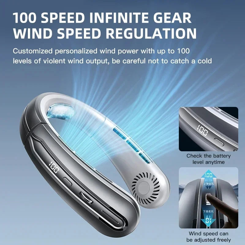 2025 USB Hanging Neck Fan Portable Bladeless Mini Rechargeable Mute LED Digital Display Electric Air Cooler For Sport