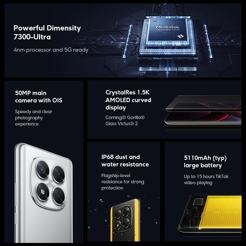 POCO X7 5G Global Version Smartphone 256GB 512GB Dimensity 7300-Ultra 6.67" 1.5K AMOLED Curved Display 5110mAh NFC 45W Charging