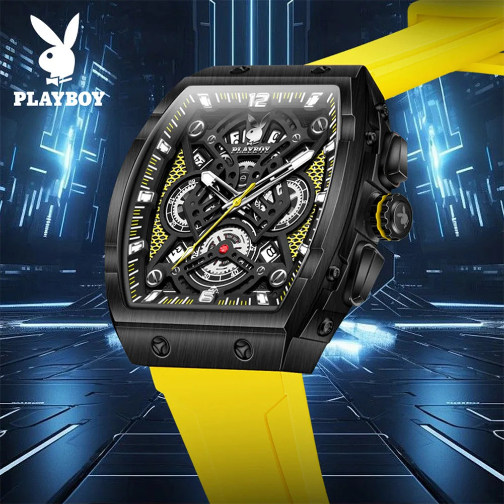 PLAYBOY Watches Man Waterproof Luminous Tonneau Skeleton Quartz Wristwatch Watches For Man Original Business Luxury 3087