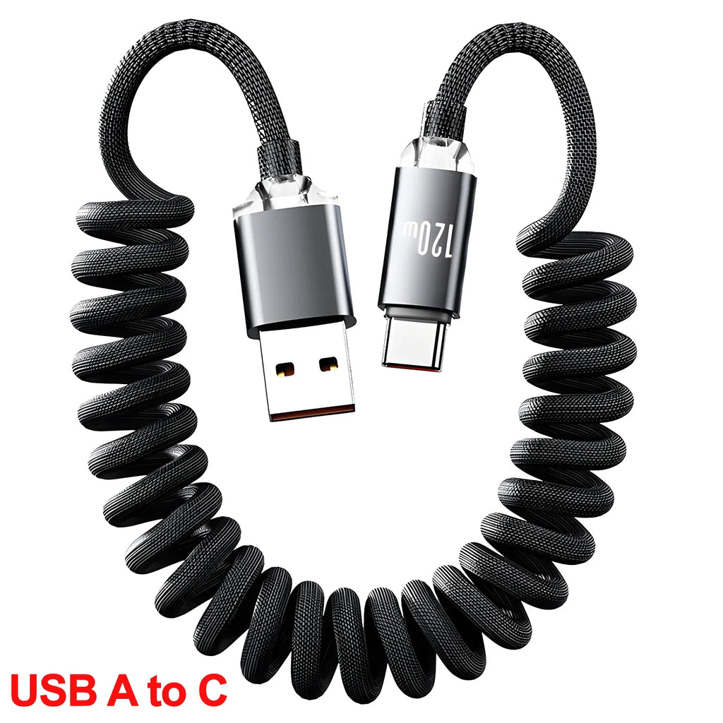 120W Retractable USB A To Type C Cable High-speed Quick Charging Data Line Sturdy Nylon Coiled USB C Wire for Carplay Mi Android