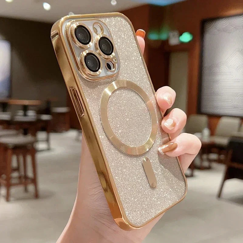Luxury Electroplate For Magsafe Wireless Charge Phone Case For iPhone 17 Air 16 15 13 12 11 Pro Max 14 Soft Bumper Glitter Cover