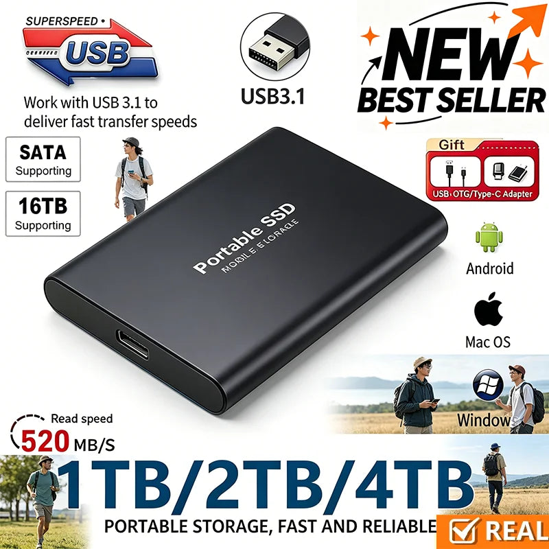High-Speed Portable Hard Drive 1TB External SSD 2TB Hard Disk Fast-Write Storage 4TB for Design Laptop/iPad