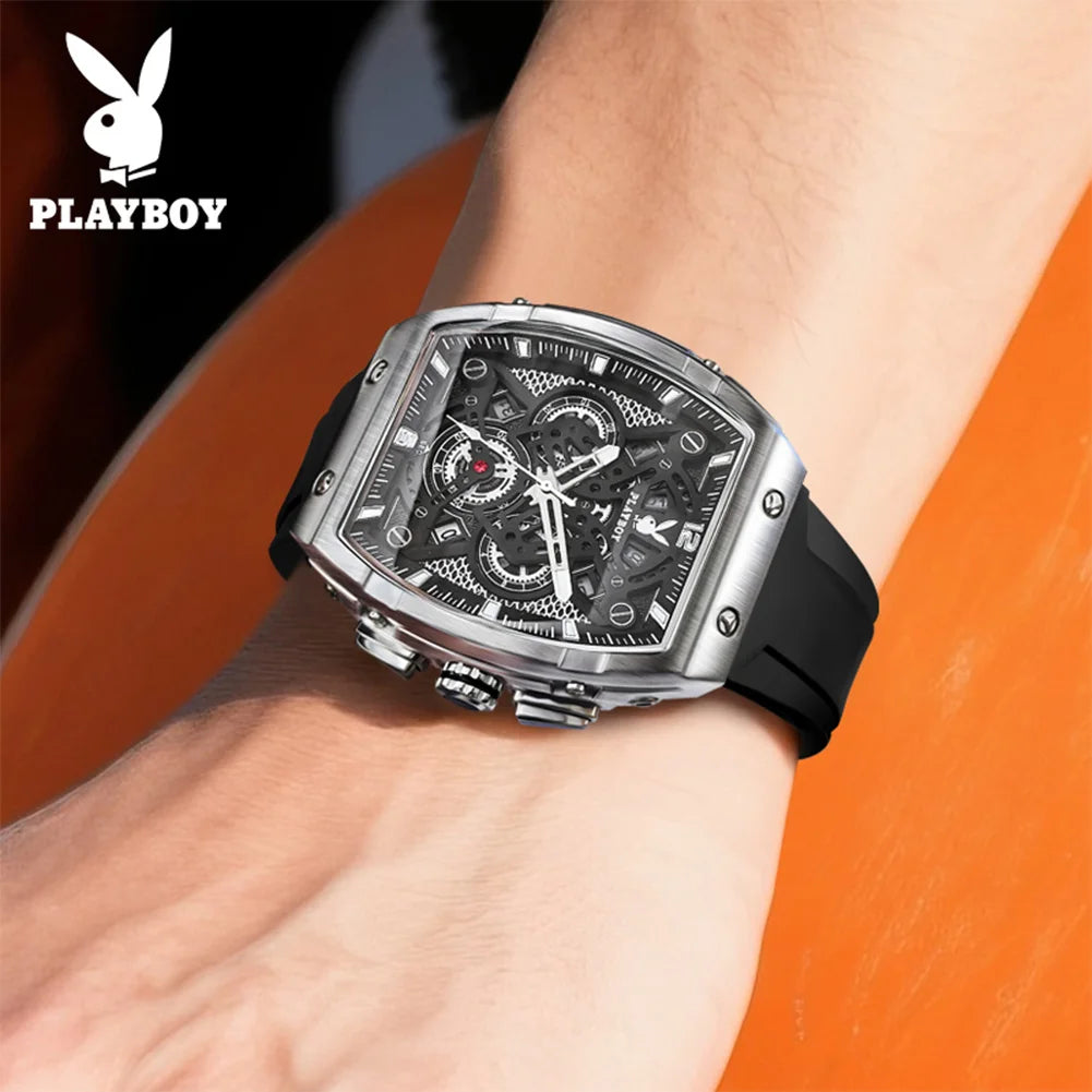 PLAYBOY Watches Man Waterproof Luminous Tonneau Skeleton Quartz Wristwatch Watches For Man Original Business Luxury 3087
