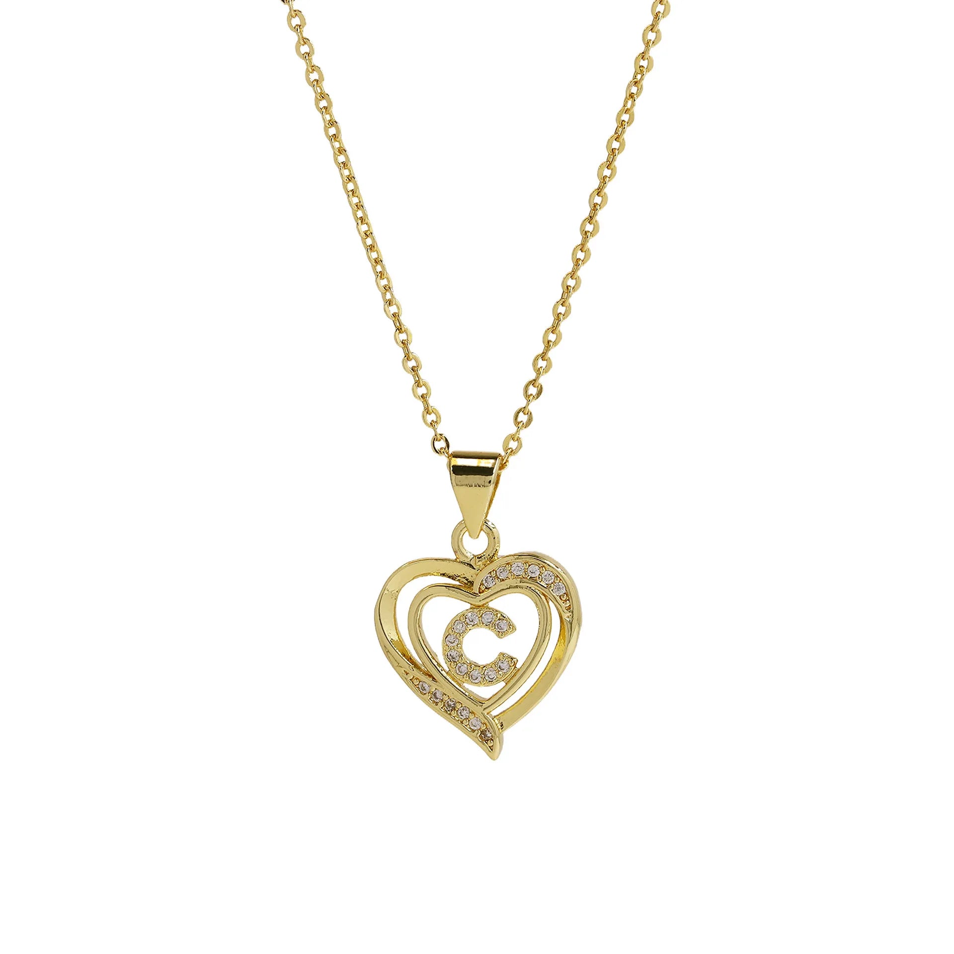 A-Z English Letter Initial Necklace Gold Color Plated Necklace Micro Setting Zircon Heart Necklace for Women