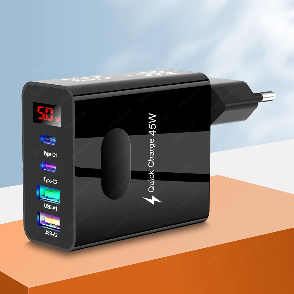 45W USB Charger 4 Ports Type C Fast Charging Digital Display Wall Charger For iPhone Samsung Xiaomi Huawei Phone Charger Adapter