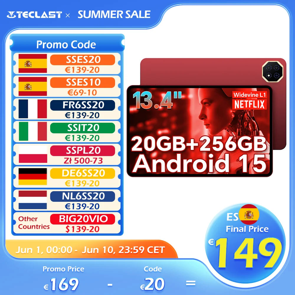 Teclast T65 Plus, 13.4" Tablet, 120Hz Maximum View, Android 15, Max. 20Gb Ram+256Gb Rom, Helio G99, 8 Cores, 1920X1200, 4g Networks and Calls, Dual Sim Card Slots, 5g Wifi, Gps, 13Mp+8Mp
