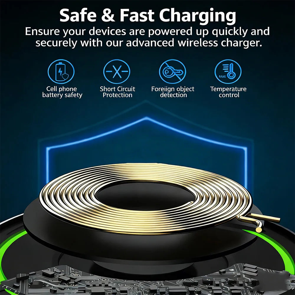 Desktop Wireless Charger Type C Cable LED Light For iPhone 17~12 Samsung S25 S24 Xaomi 17 Pro Max Huawei Fast Charging Station