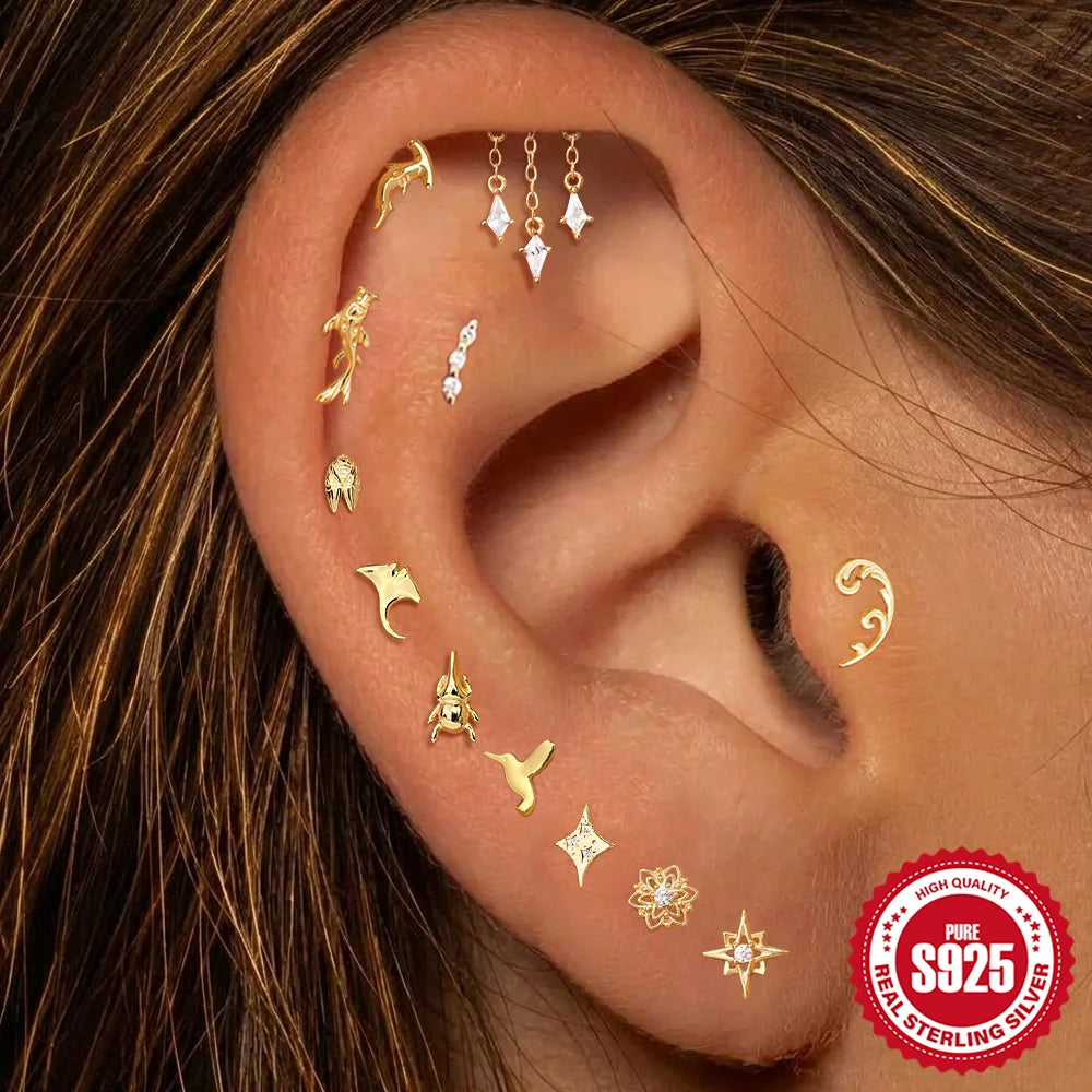 Canner 925 Sterling Silver Animal Fish Carp/Shark/insect Stud Earring For Women Allergy-proof Piercing Summer Travel Jewelry