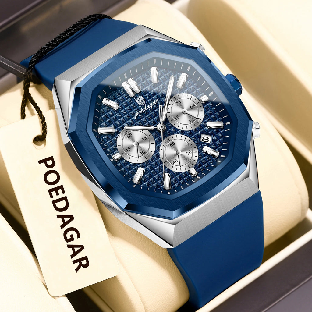 POEDAGAR Business Men's Watch Chronograph Date Silicone Strap Quartz Man Watch Waterproof Luminous Fashion Watches For Men Reloj