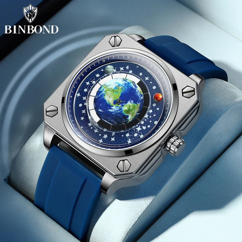 BINBOND Earth Watch For Men Rotating Earth Dial New Concept Creative Blue Planet Non Mechanical Pointer Silicone Tape Men Watch