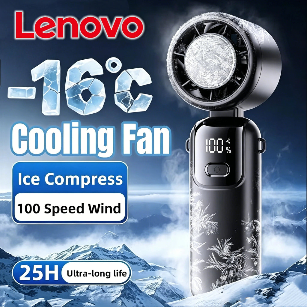 Lenovo Ice Cooling Handheld Fan 100 Speeds Turbo Portable USB Desk Fan Foldable/Hangable for Outdoor Fast Chill Ice Compress