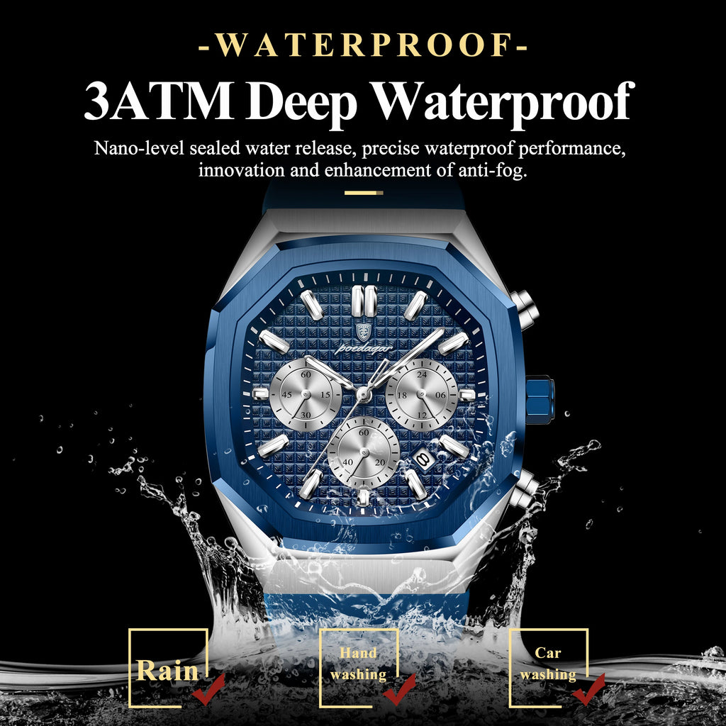 POEDAGAR Business Men's Watch Chronograph Date Silicone Strap Quartz Man Watch Waterproof Luminous Fashion Watches For Men Reloj
