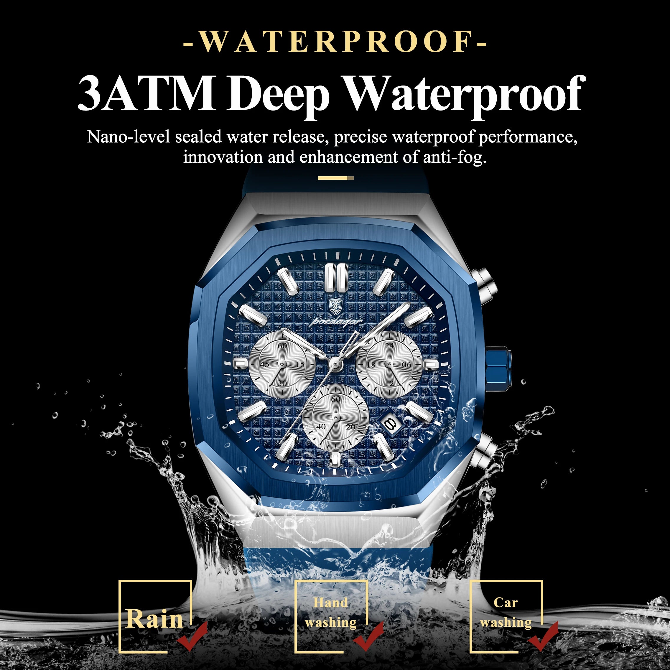 POEDAGAR Business Men's Watch Chronograph Date Silicone Strap Quartz Man Watch Waterproof Luminous Fashion Watches For Men Reloj