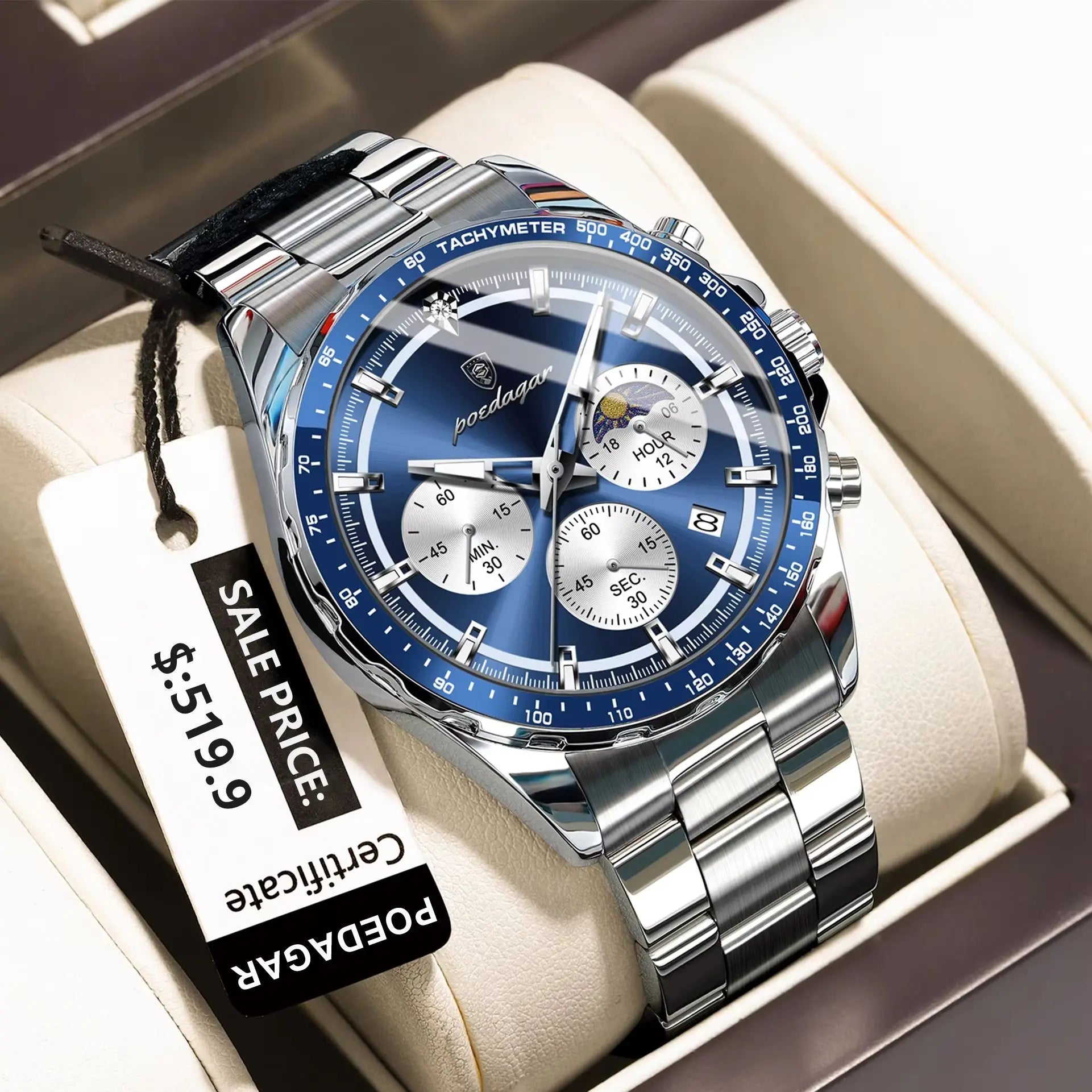 POEDAGAR Luxury Sport Watch For Men Waterproof Luminous Date Chronograph Man Wristwatch Stainless Steel Men's Quartz Watches+Box