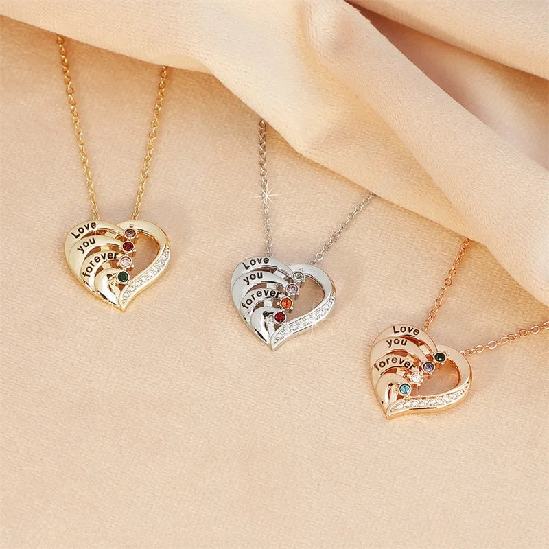Personalized Name Necklace with Birthstones Custom Promise Necklace Heart Pendant with Engraved Names Christmas Jewelry Gifts