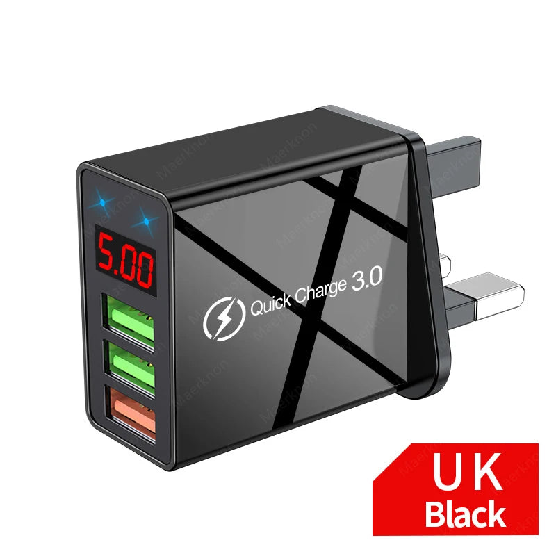 USB Fast Charger 3 Port With LED Display Phone Adapter For iPhone Samsung Xiaomi Huawei Quick Charge 3.0 EU/US Plug Wall Charger