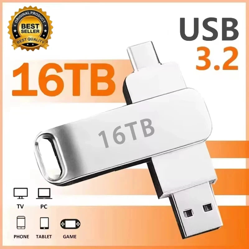 16TB USB 3.2 Flash Drive Metal High-Speed Pen Drive 8TB 4TB Waterproof Type-C USB Pen Drive For Computer Storage Devices