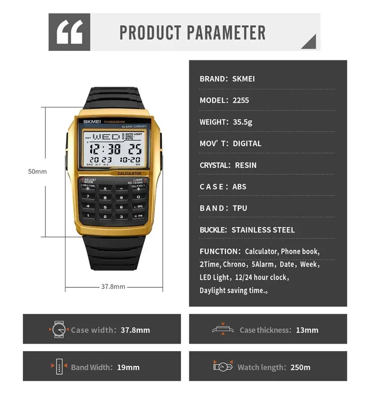 SKMEI 2255 Watch for Men Dual Time Countdown Casual Phone Book Digital Mens Wristwatches Montre Homme Sports Waterproof
