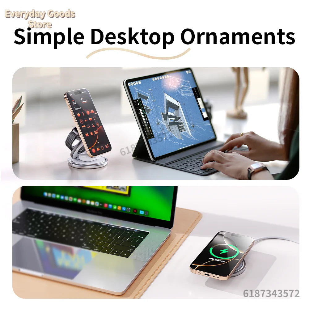 3 In 1 Magnetic Wireless Charger Fast Charging Station 360° Rotation Foldable Phone stand for iPhone 12-16 Pro Max Watch Airpods