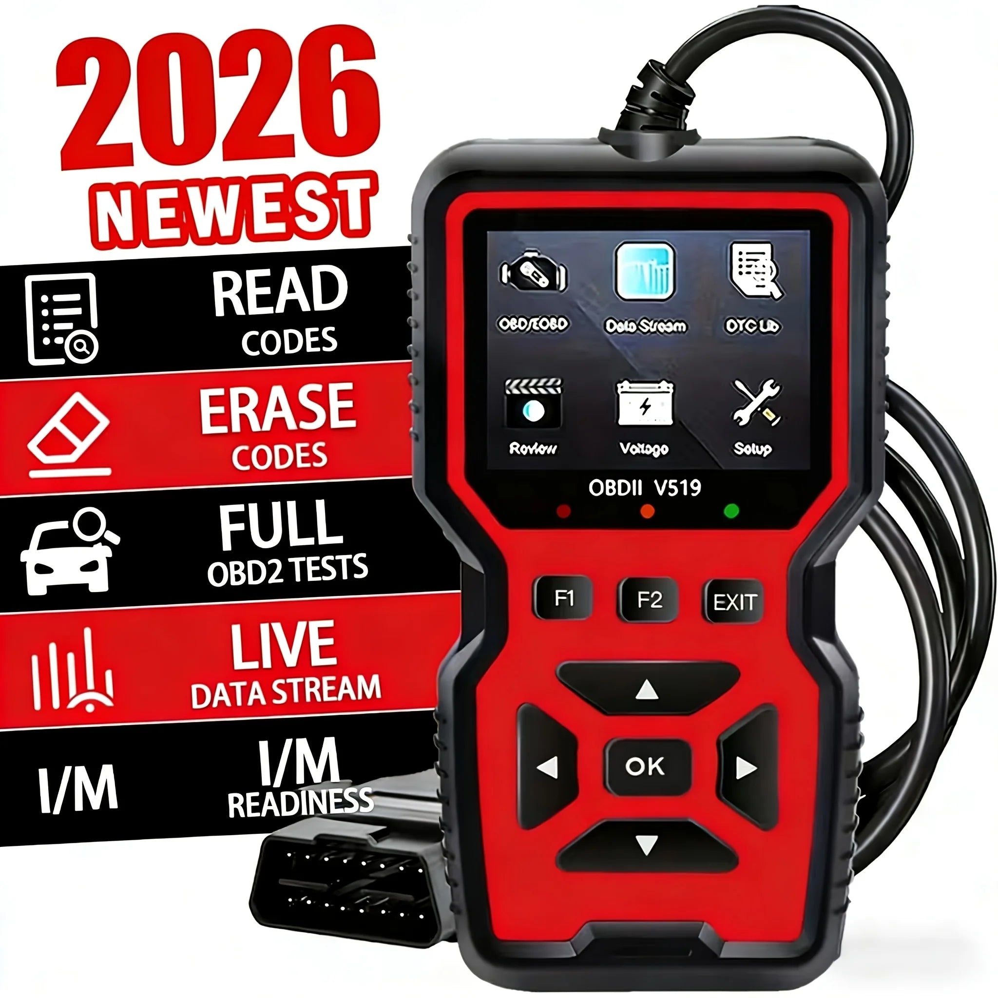 2025 V519 Professional Obd2 Scanner - Usb-Powered Automotive Diagnostic Tool with Real-Time Data Stream, Full-Featured Obd Ii Testing (I/M Ready, Bod2/Eobd), Clears Engine Fault Lights, Reads/Erases Codes for Most Vehicles, A