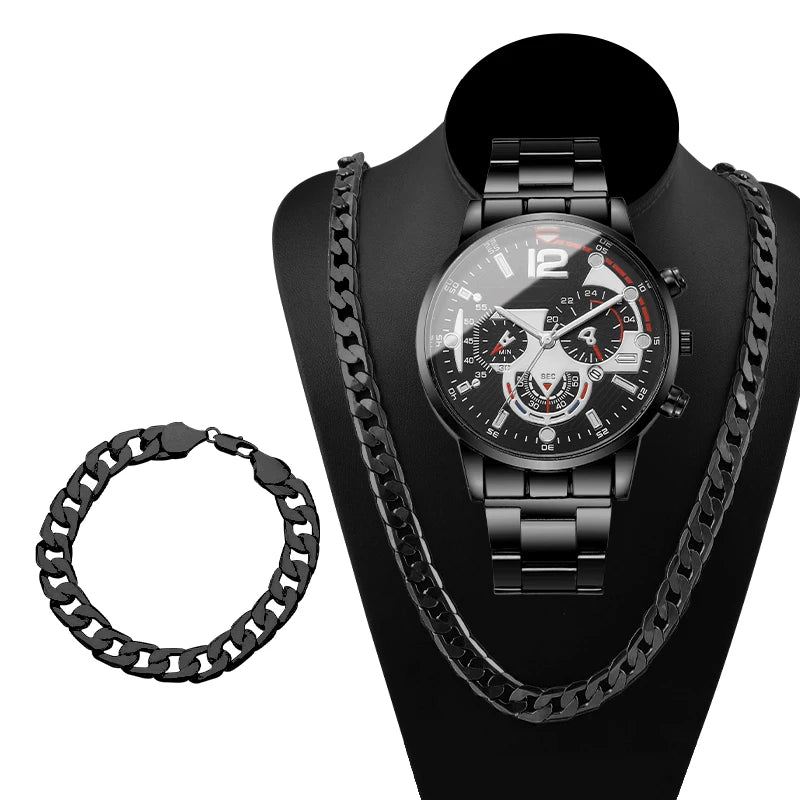 3PCS Fashion Men Business Watches Bracelet Necklace Set Luxury Steel Band Male's Analog Quartz Watch Reloj Hombre（Without Box）