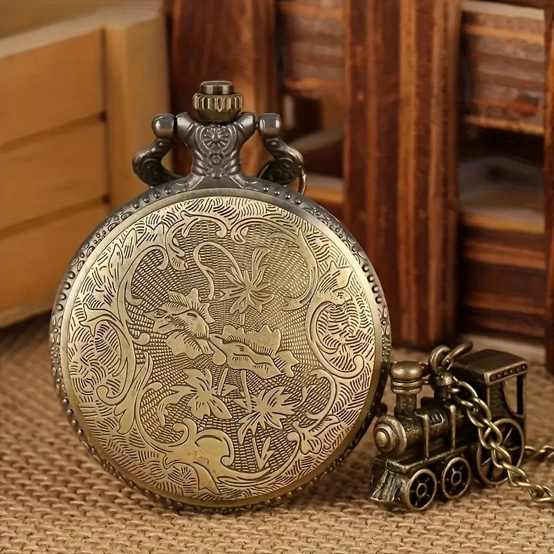 Vintage Bronze Train Locomotive Steampunk Quartz Pocket Watch Necklace Pendant with Chain Best Gift for Men Women reloj bolsillo