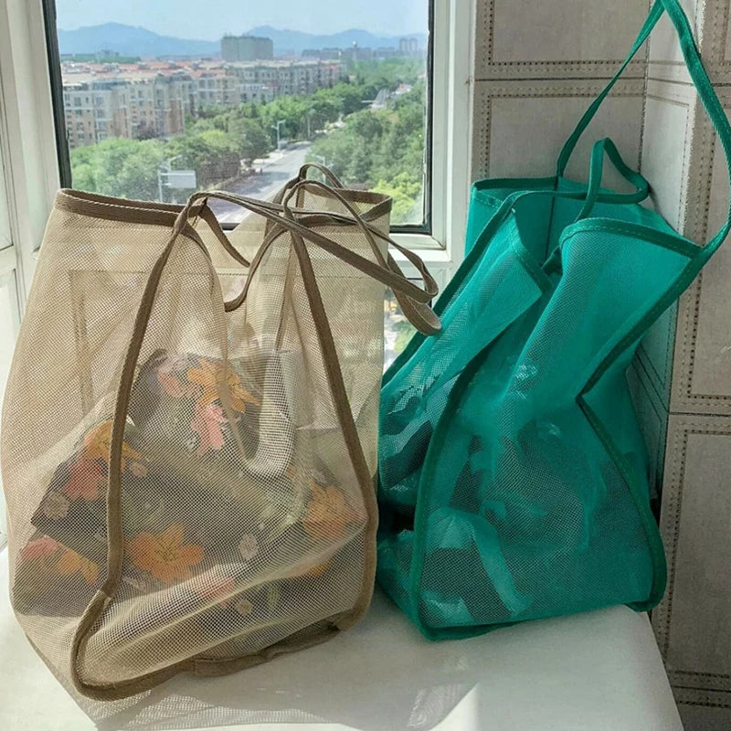 Protable Mesh Bag Large Capacity Reusable Storage Bags Swimming Beach Bag Women Makeup Organizer Shopping Handbag