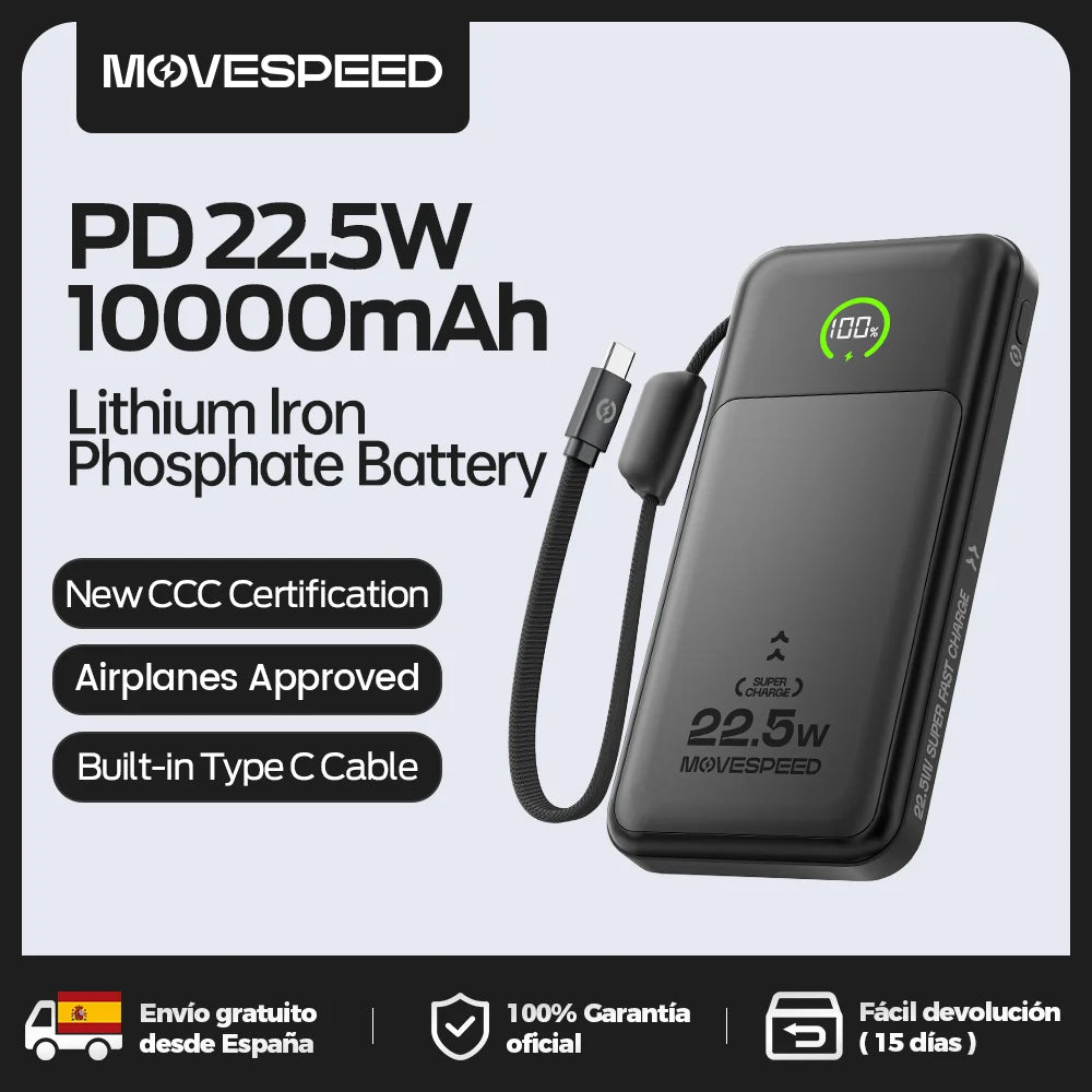 【CCC】MOVESPEED P19 Power Bank 10000mAh Built-in USB C Cable Powerbank LFP Battery External Charger for iPhone Xiaomi Samsung
