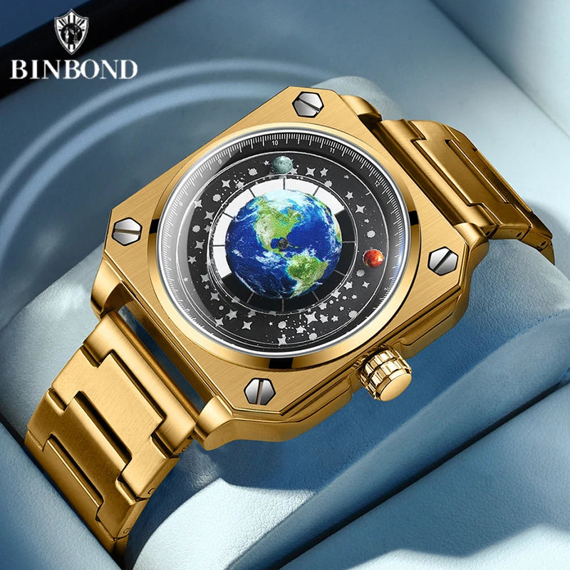 BINBOND Earth Watch For Men Rotating Earth Dial New Concept Creative Blue Planet Non Mechanical Pointer Silicone Tape Men Watch