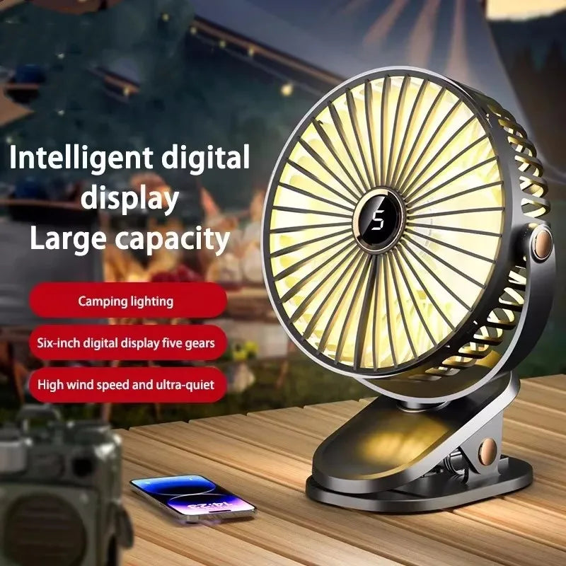 8000mAh Clip-on Fan 5 Speed Quiet Rechargeable Desktop Portable Air Circulator Wireless Fan With LED Light For Camping