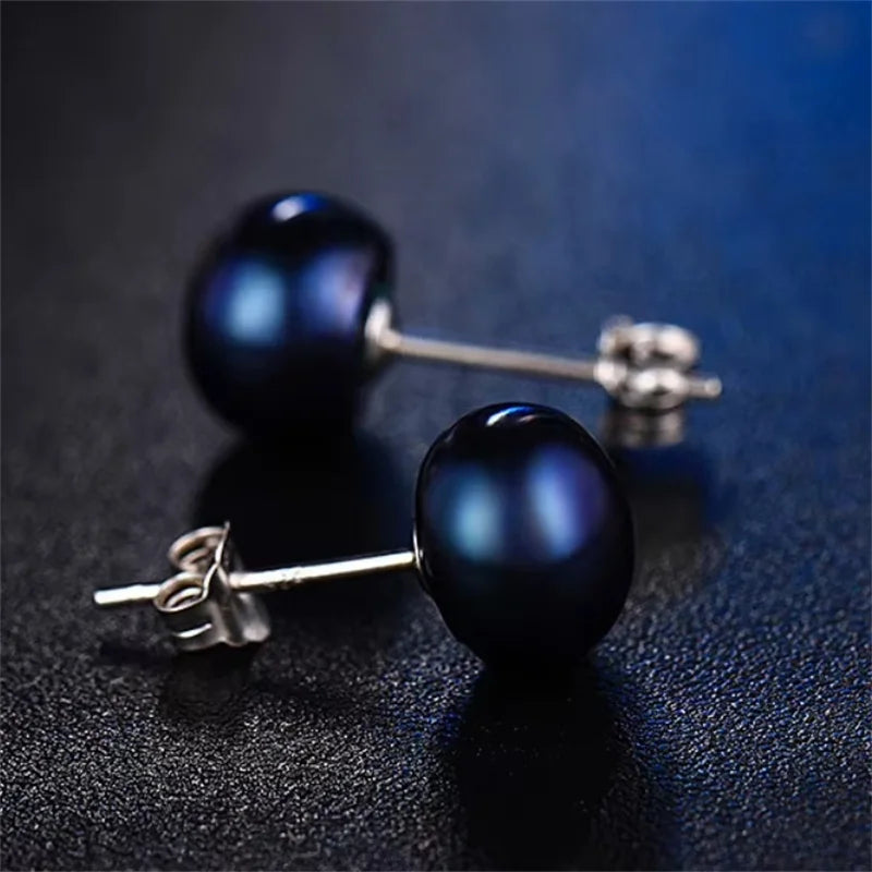 Senlissi- Genuine Fresh Water Pearl Stud Earrings For Women 8 MM White Pink Pearls 925 Sterling Silver 18K Female Party Jewelry