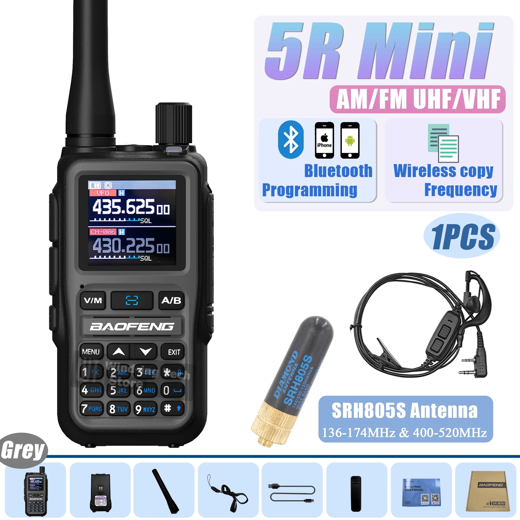 Baofeng UV 5R Mini Walkie Talkie Bluetooth Programming Frequency Hopping Type-C Jack Multiple Colors Dual PTT Camping Ham Radios