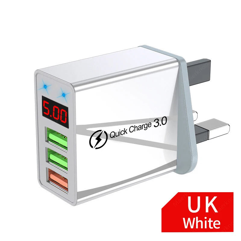 USB Fast Charger 3 Port With LED Display Phone Adapter For iPhone Samsung Xiaomi Huawei Quick Charge 3.0 EU/US Plug Wall Charger