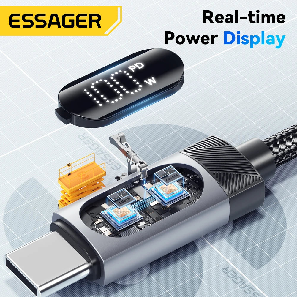 Essager Digital Dispaly USB C Cable For iPhone 17 16 Xiaomi Huawei 100W PD Fast Charging For Macbook iPad Type C to Type C Cable