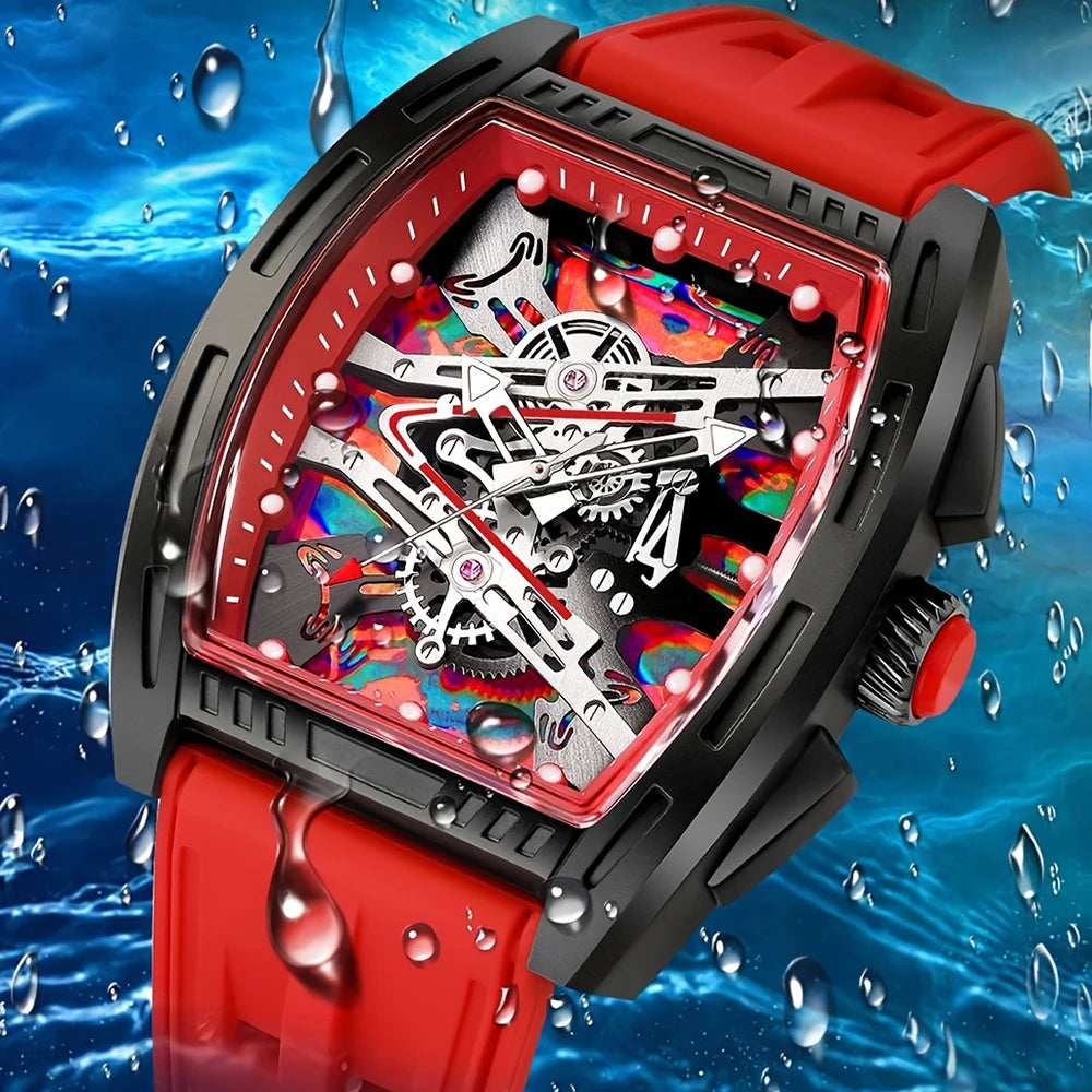 Men's and Women's Youth Barrel-Shaped Hollow Mechanical Quartz Watch, Trendy and Fashionable Colorful Dial, Silicone Strap, Casual Business Quartz Watch