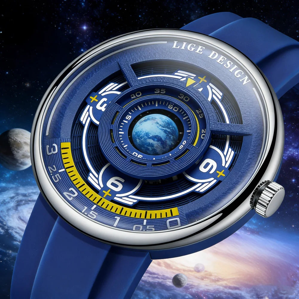 LIGE Trendy Sporty Men's Watches Creative Blue Planet Dial Luminous Silicone Straps Waterproof Men's Quartz Watches Relojs
