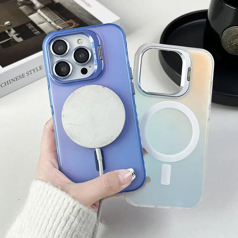 Color Change for Magsafe Magnetic Case For iPhone 16 15 14 Plus 13 12 11 Pro Max Lens Glass Film Protection Metal Stand Cover