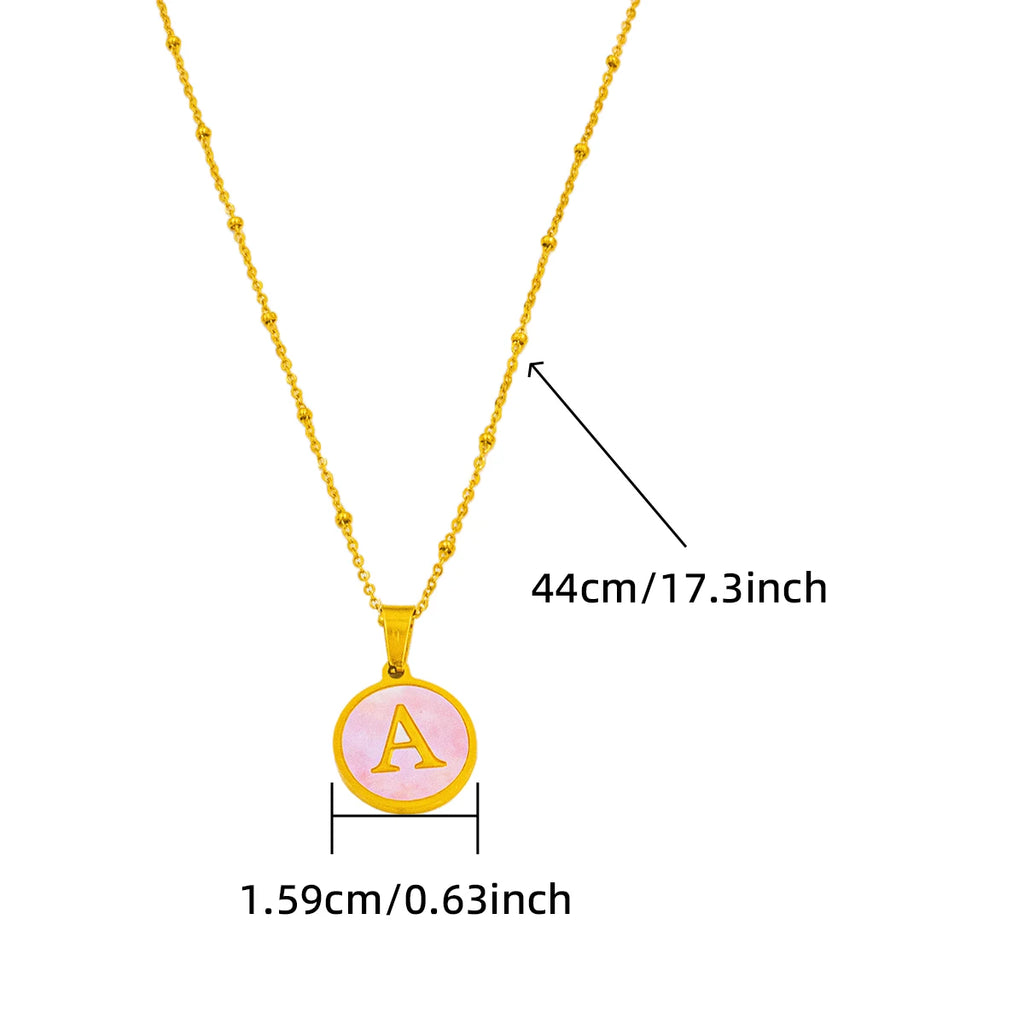 New Round Stainless Steel Gold Plated Pink Shell 26 Letter Alphabet Pendant Link Chain Necklace Jewelry for Women Party Gift