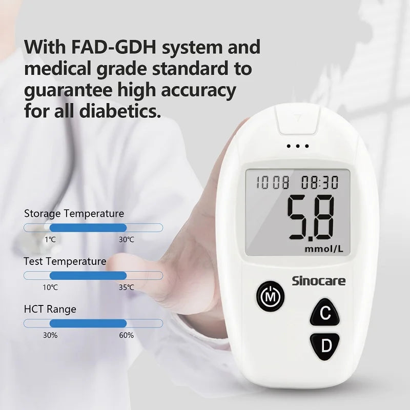 Sinocare Blood Glucose Monitor, Blood Sugar Meter, 0.6μL Blood Sample, 200 Memories, Easy Blood Glucose Test Kit or Only Strips
